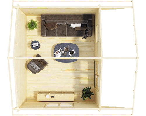 Vue intérieure d''une maison en bois avec meubles et décorations