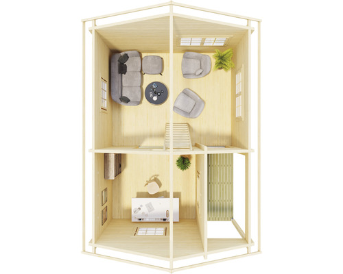 Plan d''un chalet de jardin à deux étages avec salon, bureau et escalier