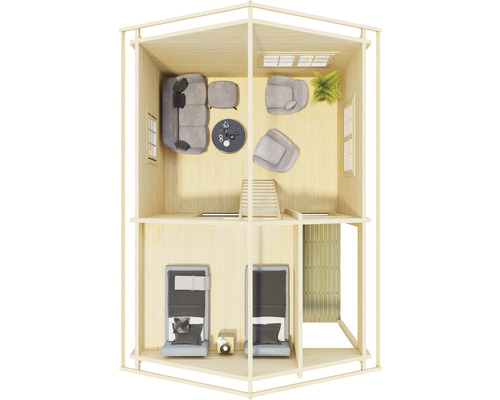 Vue intérieure d''une maison en bois à deux étages avec salon et chambres.