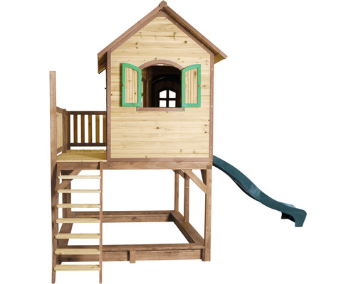 Maisonnette en bois avec toboggan, échelle et bac à sable