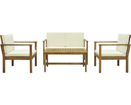 Gartenmöbelset mit zwei Stühlen, einem Zweisitzer und einem Tisch aus Holz