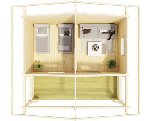 Illustration d''une maison en bois avec chambre et salon, vue de dessus