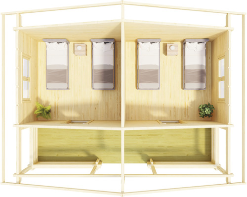 Maison en bois avec lits et fenêtres dans un design lumineux