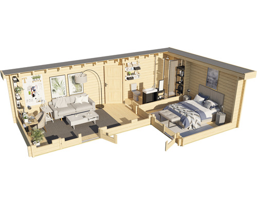 Vue intérieure d''une maison d''habitation en bois avec salon, salle de bains et chambre à coucher