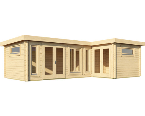 Maison de jardin d''angle avec fenêtres et portes