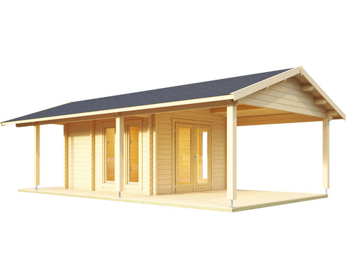 Maison en bois rond avec véranda couverte en bois