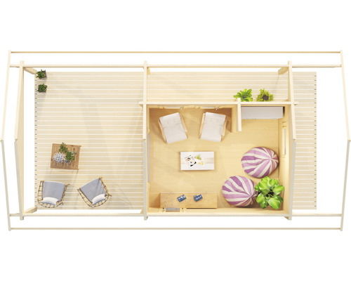 Vue de dessus d''une maison de jardin en bois clair avec terrasse et intérieur