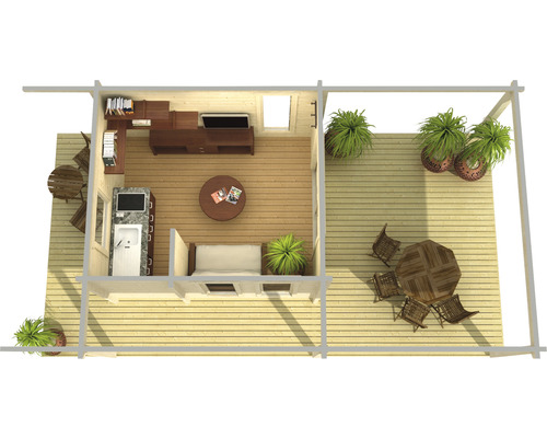 Vue de dessus d''un abri de jardin avec mobilier et terrasse