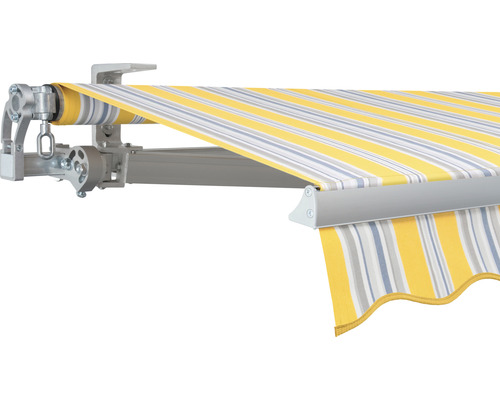 SOLUNA Gelenkarmmarkise Concept 4x2,5 Stoff Dessin 6292 Gestell Silber E6EV1 eloxiert Antrieb links inkl. Kurbel Markise mit Streifenmuster