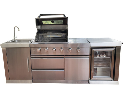 Cuisine d''extérieur avec évier, barbecue, tiroirs et réfrigérateur