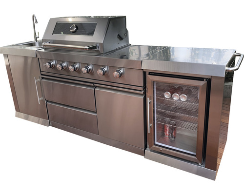 Cuisine d''extérieur avec évier, barbecue, tiroirs et réfrigérateur à boissons