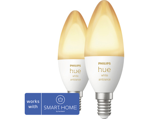 Ampoule flamme Philips hue White Ambiance à intensité lumineuse variable blanc E14 2x 5,2W 2x 320 lm blanc chaud- blanc lumière du jour 2 pièces; compatible avec SMART HOME by hornbach