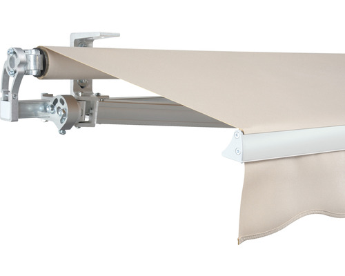 SOLUNA Gelenkarmmarkise Concept 3x2 Stoff Dessin 8902 Gestell Silber E6EV1 eloxiert Antrieb links inkl. Motor und Wandschalter Detailansicht einer Markise mit Aluminiumgestell und Stoff