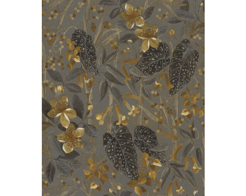 Papier peint intissé 538229 Curiosity floral gris Papier peint avec motif de fleurs et de feuilles