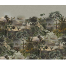 Papier peint avec motif de jungle, comprenant des palmiers, des éléphants et autres animaux de la jungle