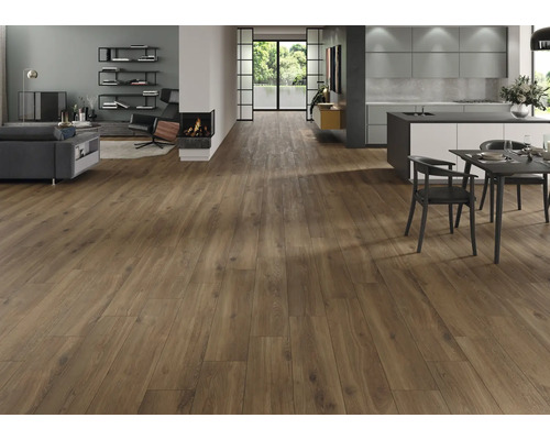 Salon lumineux avec sol stratifié imitation bois, cheminée et cuisine ouverte.