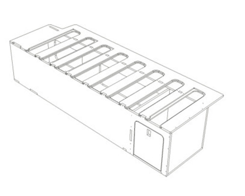 Zeichnung einer Werkzeugkiste mit Fächern und Tür