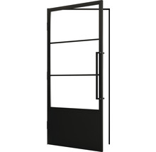 Schwarze Innentür mit drei Glasscheiben und einem Metallgriff