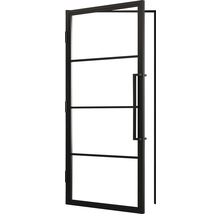 Porte intérieure ouverte avec cadre en acier et panneaux de verre