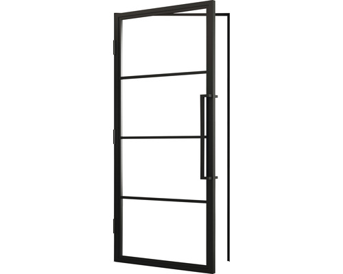 Porte intérieure ouverte avec cadre en acier et panneaux de verre