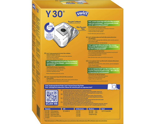 Sacs aspirateur Swirl Y30 avec filtre EcoPor, partiellement composés de papier recyclé