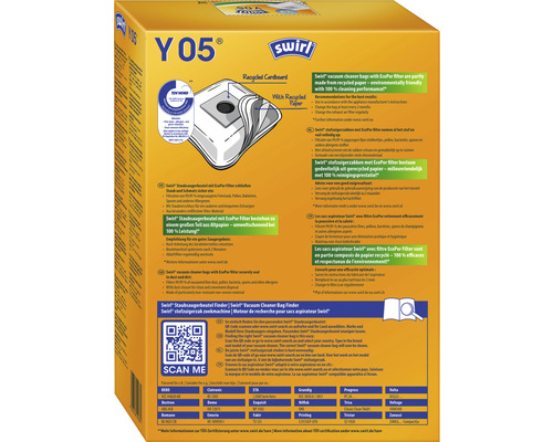 Swirl Y05 Sacs d''aspirateur Emballage avec filtre EcoPur et papier recyclé