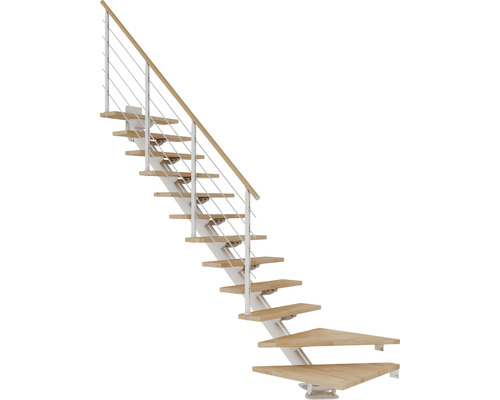 Escalier à limon central Pertura Zelos blanc 75 cm hêtre bois lamellé-collé vernis 12 marches 13 pas de marche