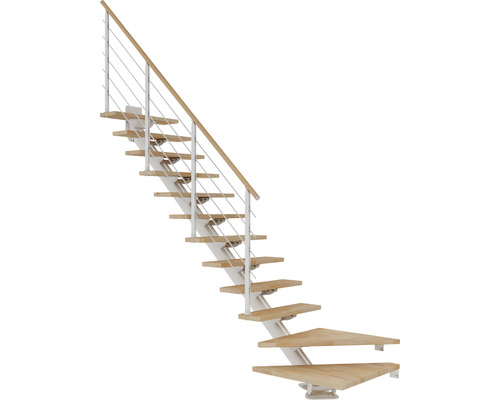 Escalier à limon central Pertura blanc 75 cm hêtre bois lamellé-collé vernis 11 marches 12 pas de marche