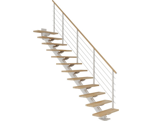 Escalier à limon central Pertura blanc 75 cm hêtre bois lamellé-collé vernis 13 marches 14 pas de marche