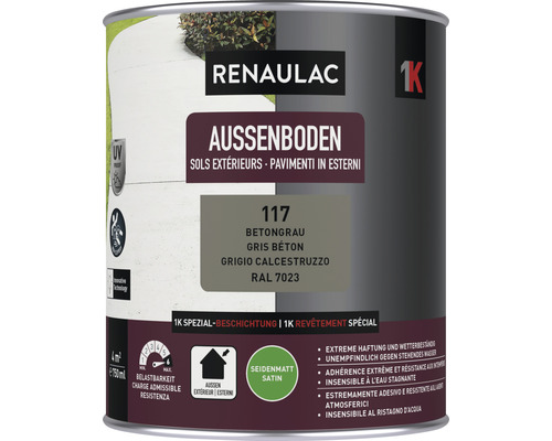Peinture pour sol extérieur RENAULAC - résistant à l'eau stagnante - mat satiné gris béton 0,75 l Boîte de peinture Renaulac Aussenboden gris béton RAL 7023