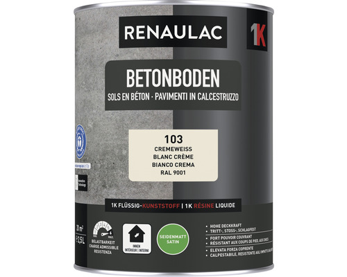 Peinture pour sol en béton RENAULAC mat satiné crème 2.5 l Peinture Renaulac pour sol béton, pot de 2.5 litres, blanc crème, RAL 9001, pour intérieur, satiné