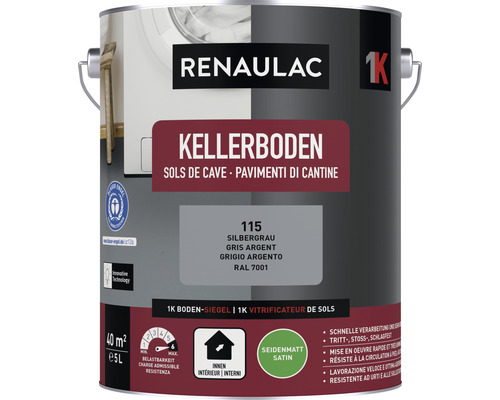 Peinture pour cave RENAULAC mat satiné argent 5 l Peinture Renaulac pour sol de cave, gris argenté, pot de 5 litres