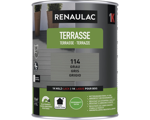 Peinture pour terrasse RENAULAC mat satiné gris 1 l Renaulac pot de peinture pour bois terrasse, couleur gris, satiné