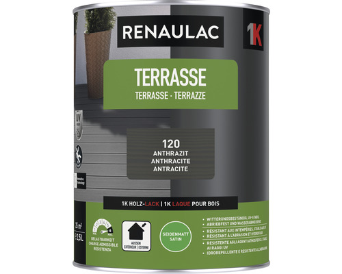 Peinture pour terrasse RENAULAC mat satiné anthracite 2.5 l Renaulac peinture pour bois pour terrasses, anthracite, satinée, boîte de 2,5 litres