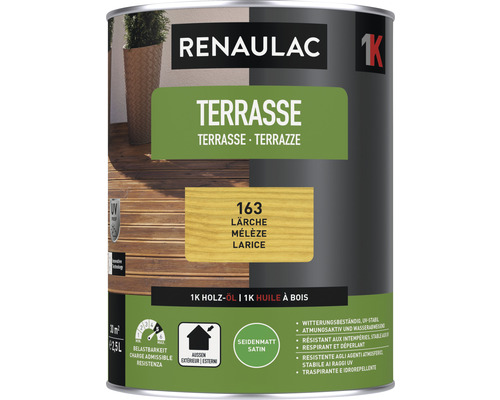 Huile pour terrasse RENAULAC mat satiné mélèze 2.5 l Huile pour bois Renaulac Terrasses, couleur mélèze, satinée, boîte de 2,5 litres