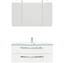 Meuble-lavabo blanc avec plateau en verre, lavabo et armoire de toilette pour la salle de bains