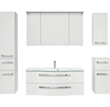 Weißes Badezimmermöbelset mit Waschbecken, Spiegelschrank und Hochschränken