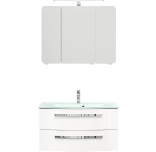 Meuble-lavabo blanc avec deux tiroirs, vasque en verre et armoire de toilette