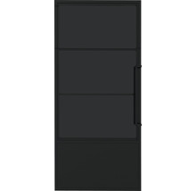 Porte intérieure noire avec trois panneaux de verre et une poignée de porte.