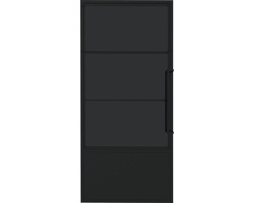 Porte intérieure noire avec trois panneaux de verre et une poignée de porte.