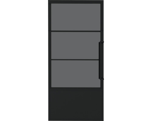 Porte intérieure noire avec trois panneaux de verre et poignée