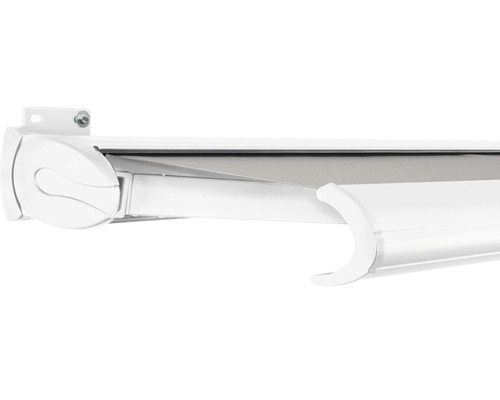 SOLUNA Kassettenmarkise Exclusiv 4x2,5 Stoff Dessin 320923 Gestell RAL 9010 verkehrsweiss Antrieb links inkl. Motor und Wandschalter Halbkassettenmarkise im Detail