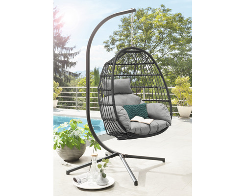 Chaise-hamac Destiny 80 x 72 x 198 cm aluminium poly rotin acier ,gris marron Fauteuil suspendu avec support et rembourrage pour l''extérieur