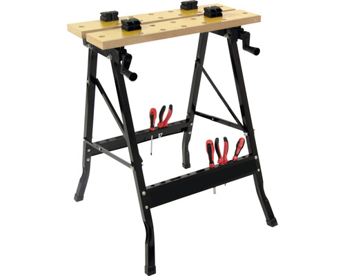 Werkbank mit Spannbacken und Werkzeugablage