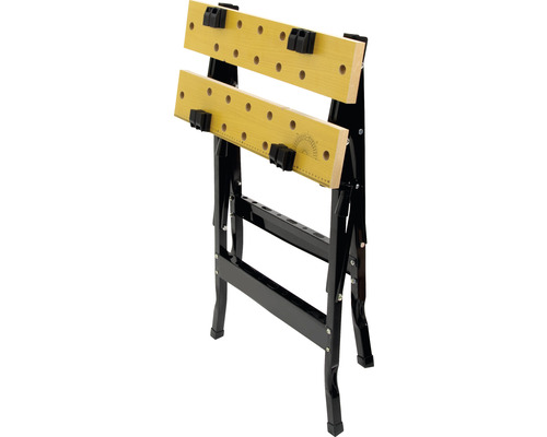 Werkbank mit zwei Holzplatten und schwarzem Metallgestell