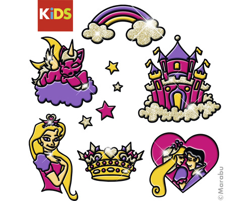Ensemble d''autocollants pour enfants avec des motifs tels que licorne, arc-en-ciel, château, princesse, prince et couronne