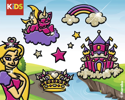 Illustration avec des motifs de contes de fées tels que princesse, licorne, château, couronne et arc-en-ciel pour les enfants