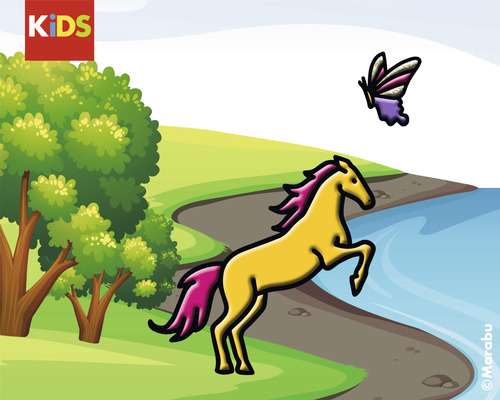 Illustration d''un cheval avec un papillon devant un paysage