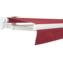 Store de terrasse avec toile rouge et structure blanche