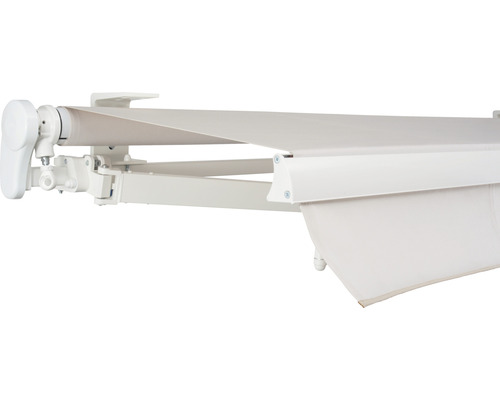 Store banne à bras articulé SOLUNA Proof 4,5x3 dessin 6020 RAL 9010 blanc pur entraînement à gauche avec manivelle Store banne à bras articulé SOLUNA Proof 4,5x3 dessin 6020 RAL 9010 blanc pur entraînement à gauche avec manivelle